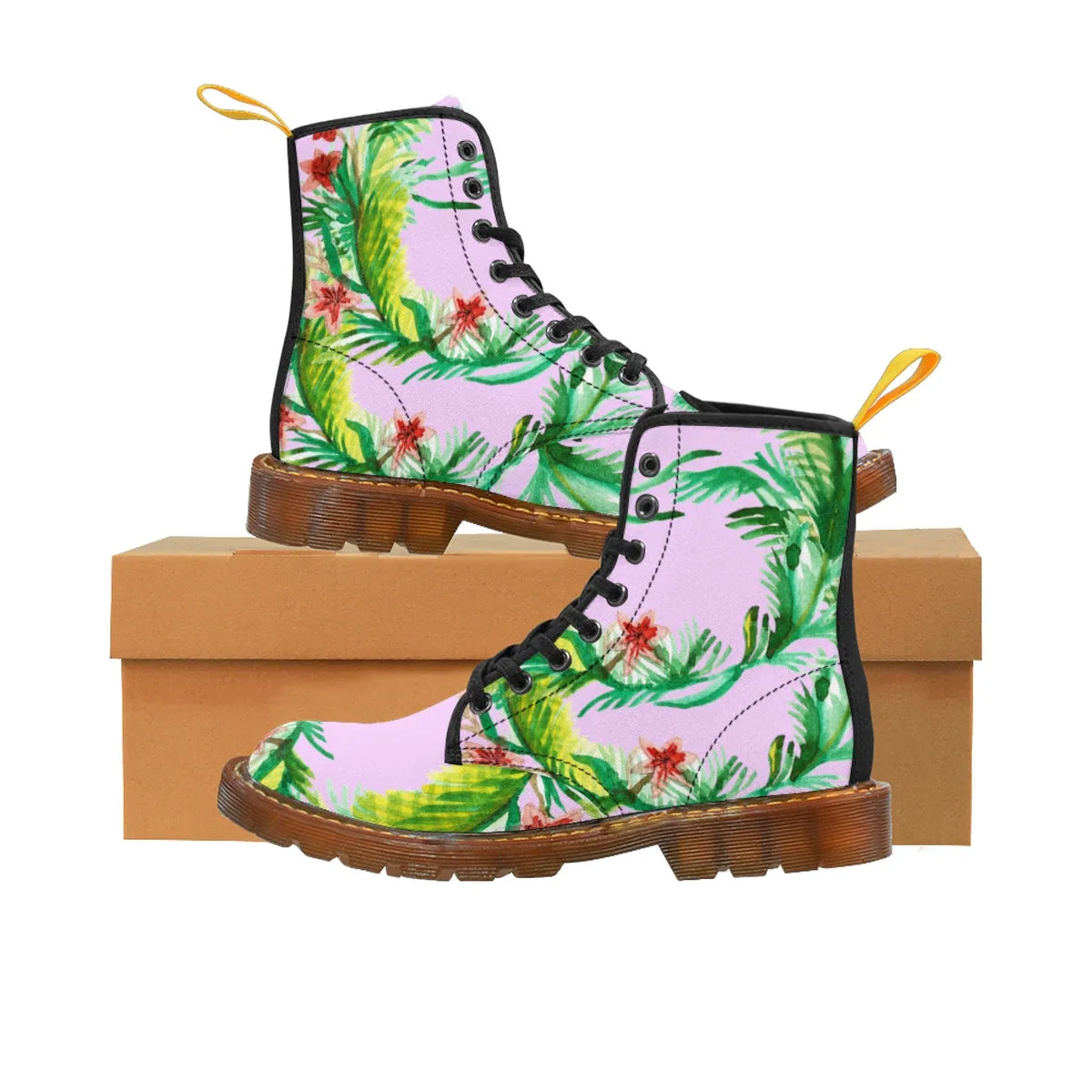 Pink Floral Women's Boots, Designer Vintage-Style Print Nylon Canvas Winter Hiking Boots