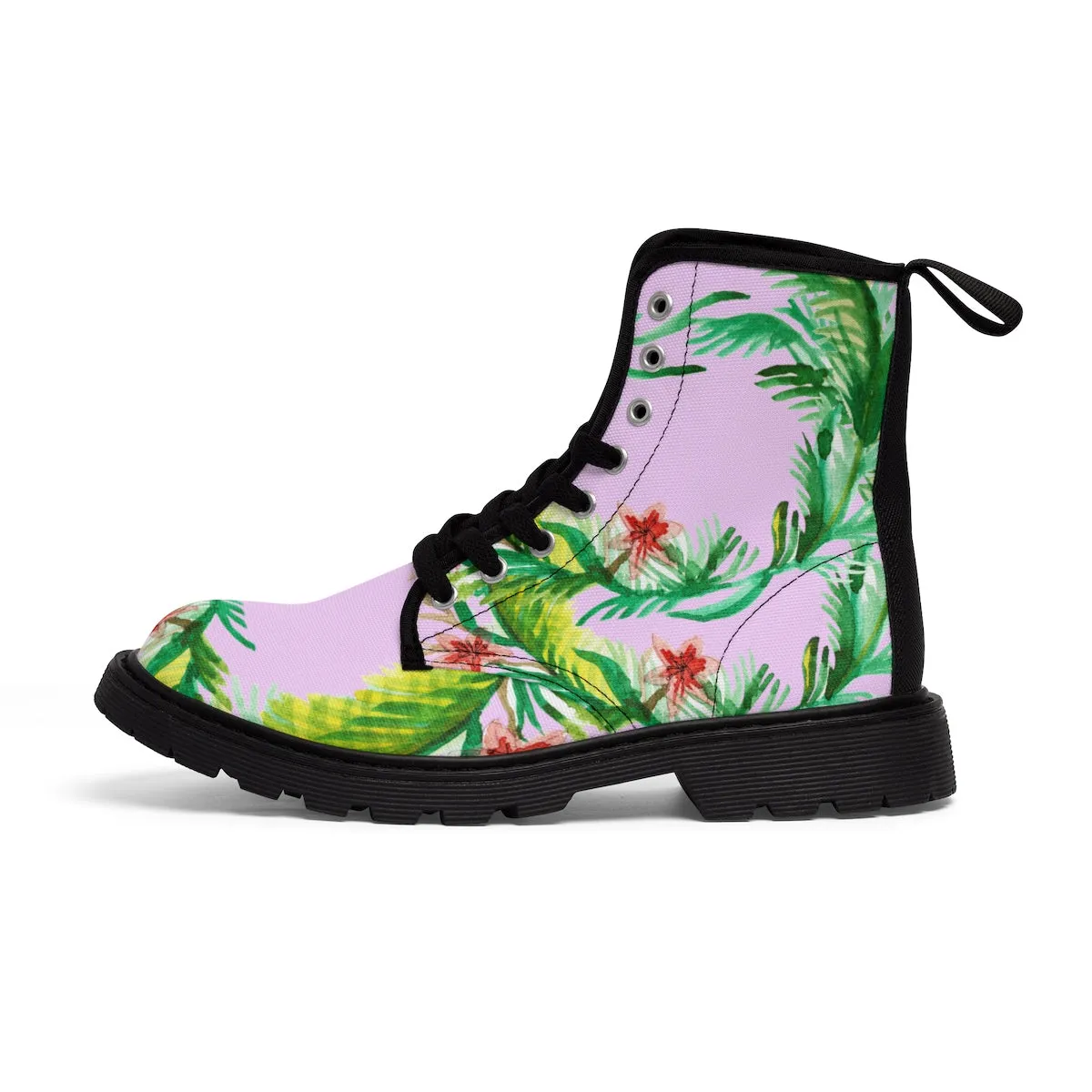 Pink Floral Women's Boots, Designer Vintage-Style Print Nylon Canvas Winter Hiking Boots