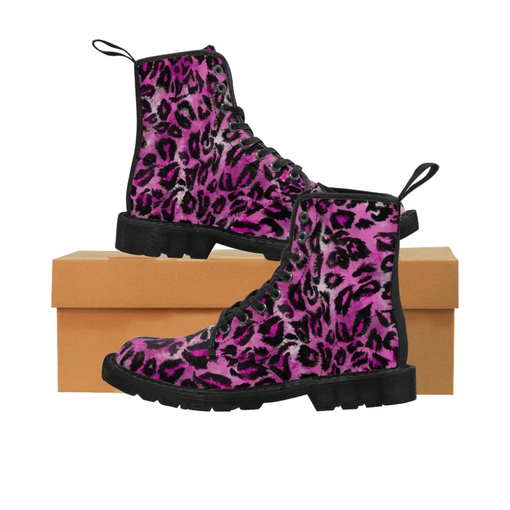 Pink Leopard Print Women's Boots, Best Animal Print Premium Designer Laced-Up Hiking Boot Shoes