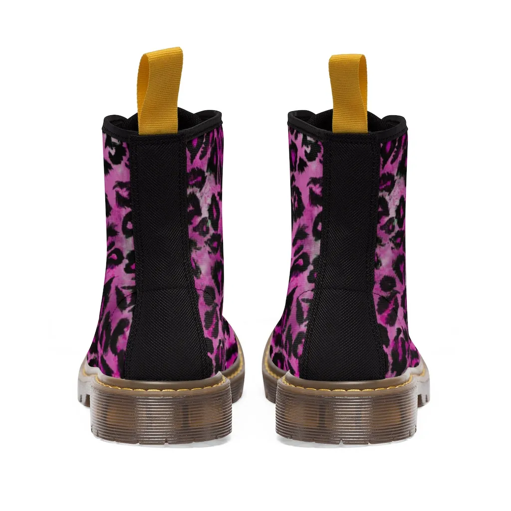 Pink Leopard Print Women's Boots, Best Animal Print Premium Designer Laced-Up Hiking Boot Shoes