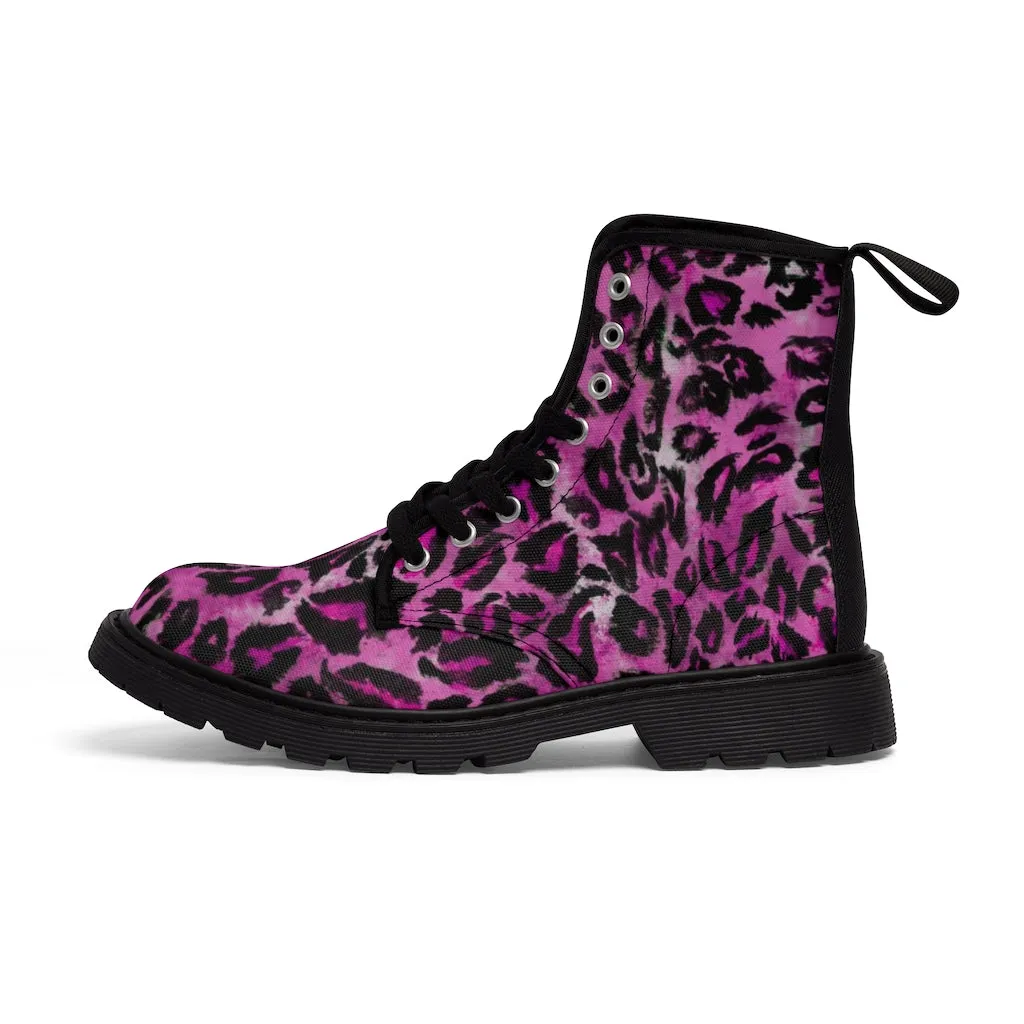 Pink Leopard Print Women's Boots, Best Animal Print Premium Designer Laced-Up Hiking Boot Shoes