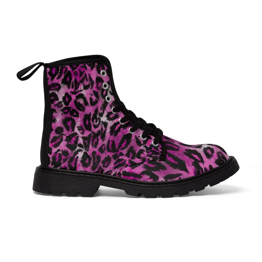 Pink Leopard Print Women's Boots, Best Animal Print Premium Designer Laced-Up Hiking Boot Shoes