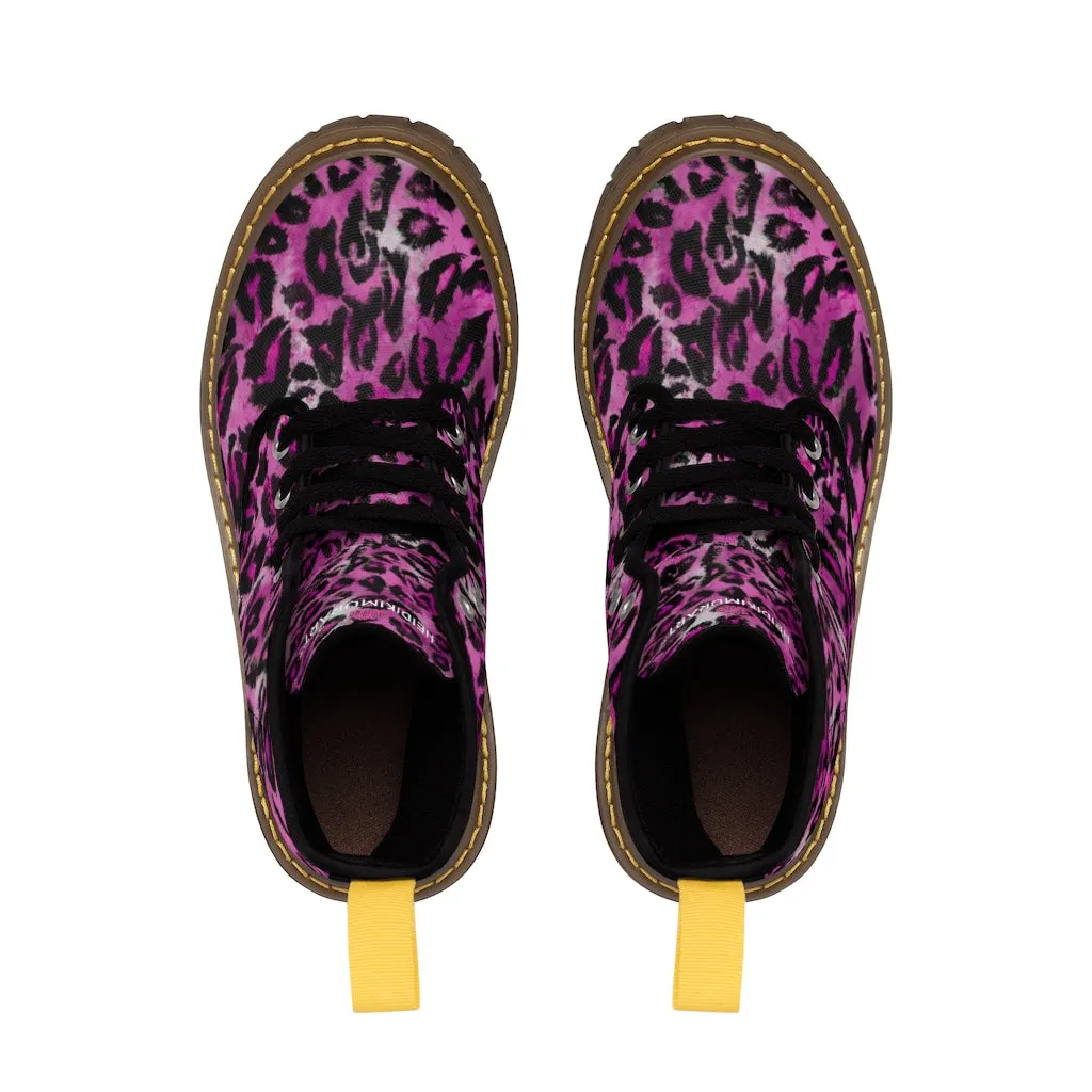 Pink Leopard Print Women's Boots, Best Animal Print Premium Designer Laced-Up Hiking Boot Shoes