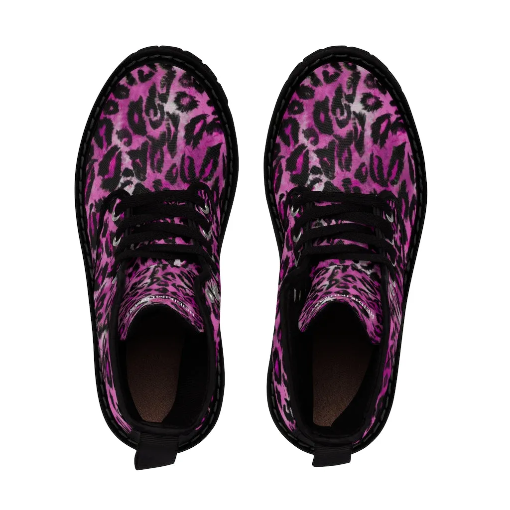 Pink Leopard Print Women's Boots, Best Animal Print Premium Designer Laced-Up Hiking Boot Shoes