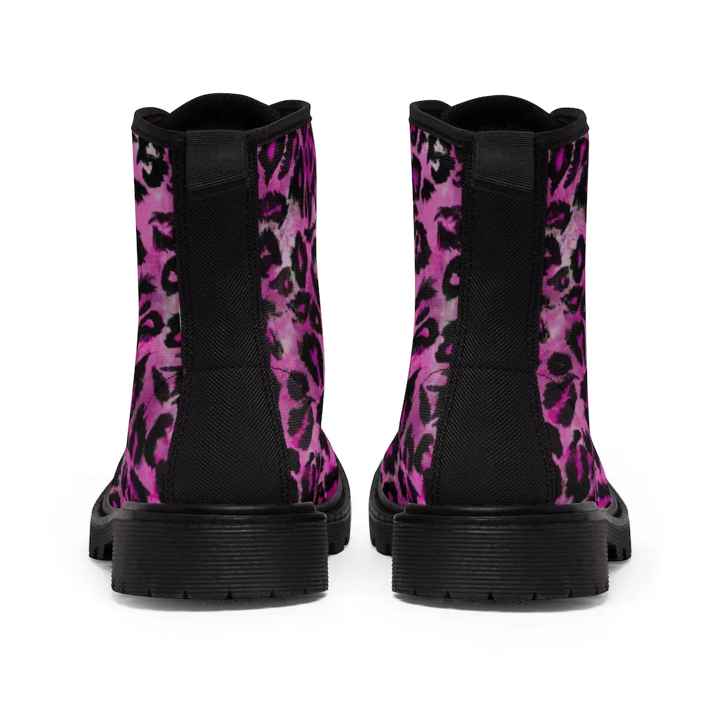 Pink Leopard Print Women's Boots, Best Animal Print Premium Designer Laced-Up Hiking Boot Shoes