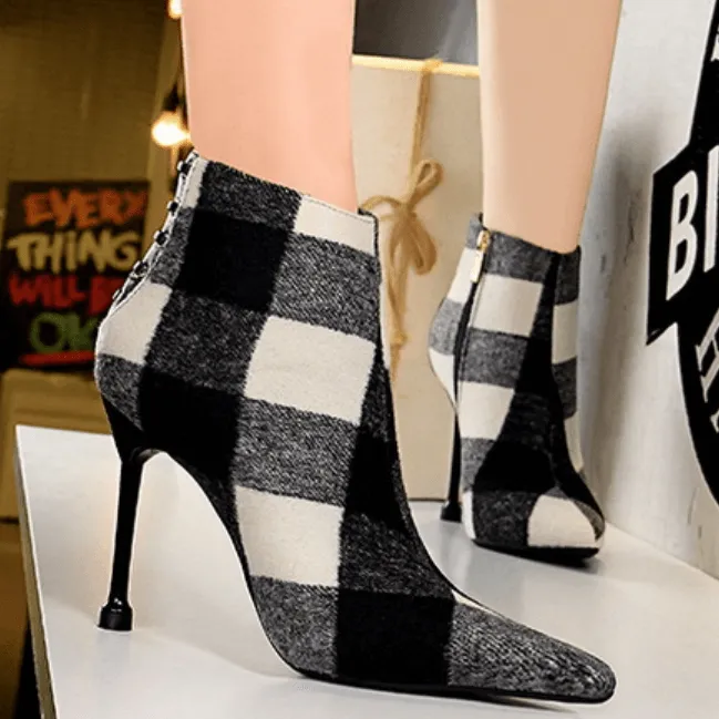 Plaid Point Toe Fabric High Heel Ankle Boots