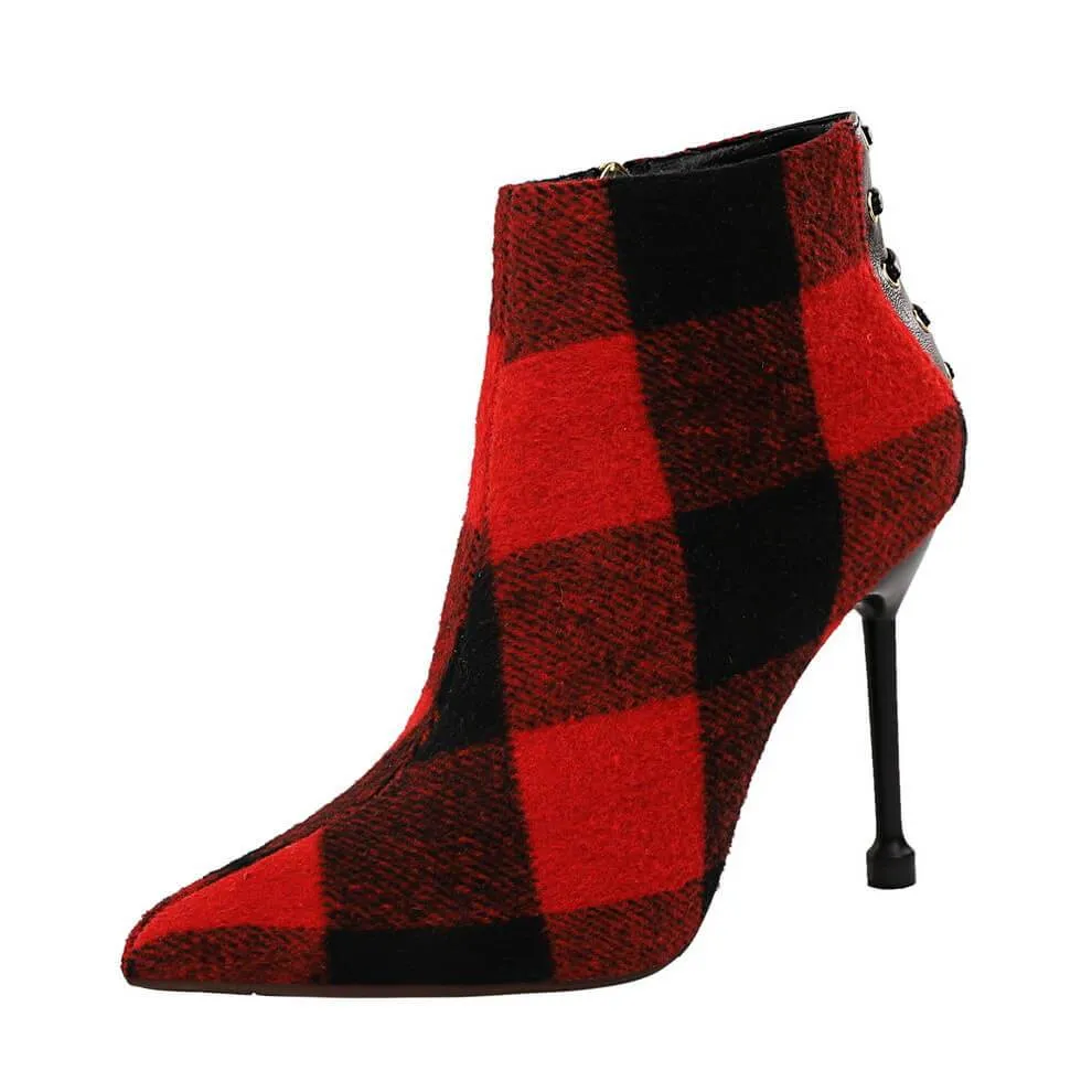 Plaid Point Toe Fabric High Heel Ankle Boots
