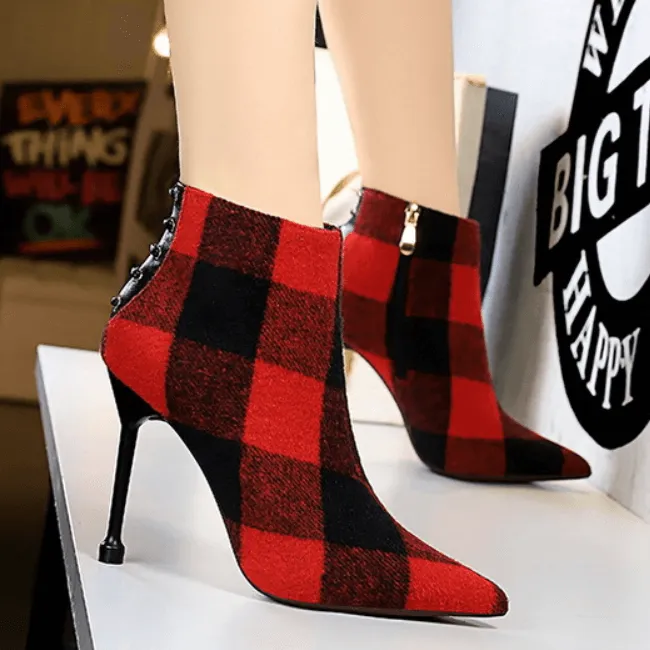 Plaid Point Toe Fabric High Heel Ankle Boots
