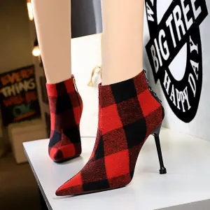 Plaid Point Toe Fabric High Heel Ankle Boots