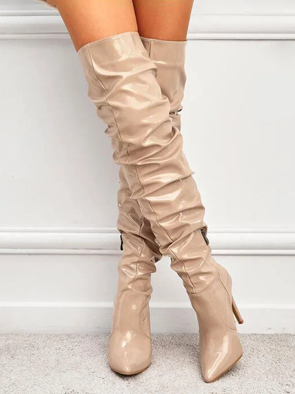 Pleated Leather Thigh High Boots