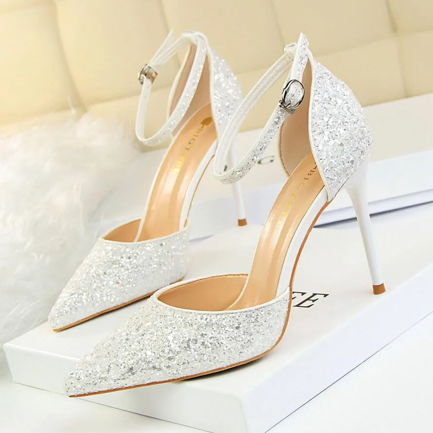 Point Toe Leather  Stiletto Heel Buckle Pumps