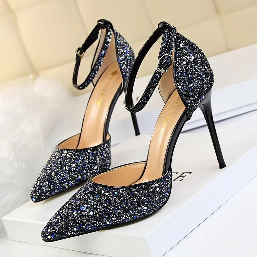 Point Toe Leather  Stiletto Heel Buckle Pumps