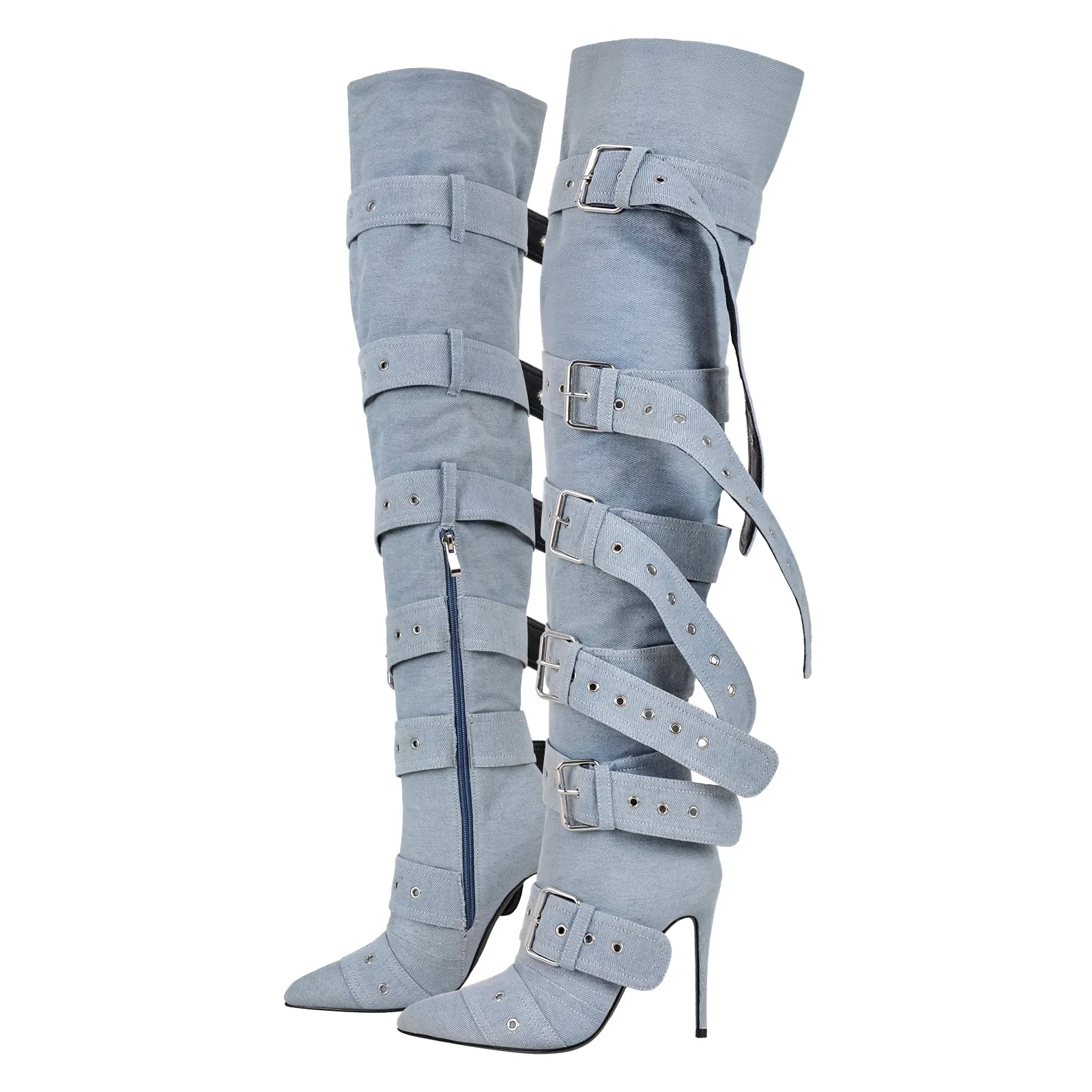 Pointed Toe Multi Buckle Strap Thigh High Boots