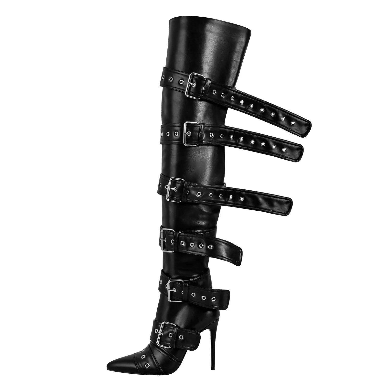 Pointed Toe Multi Buckle Strap Thigh High Boots