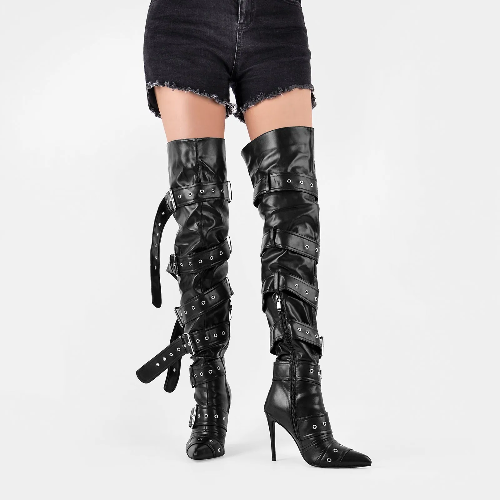 Pointed Toe Multi Buckle Strap Thigh High Boots