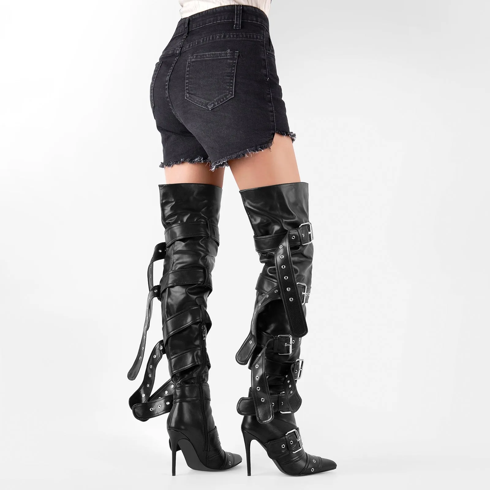 Pointed Toe Multi Buckle Strap Thigh High Boots