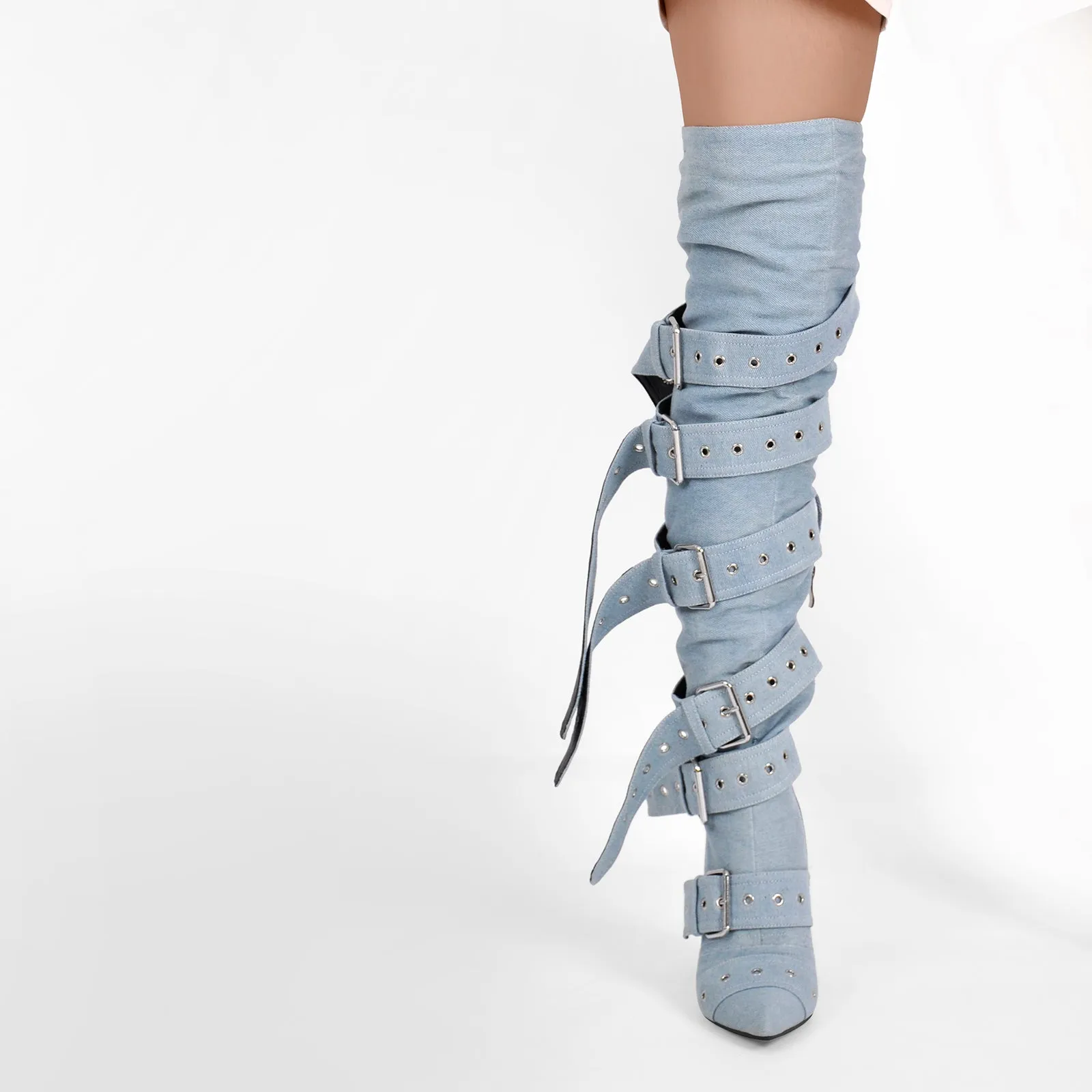 Pointed Toe Multi Buckle Strap Thigh High Boots