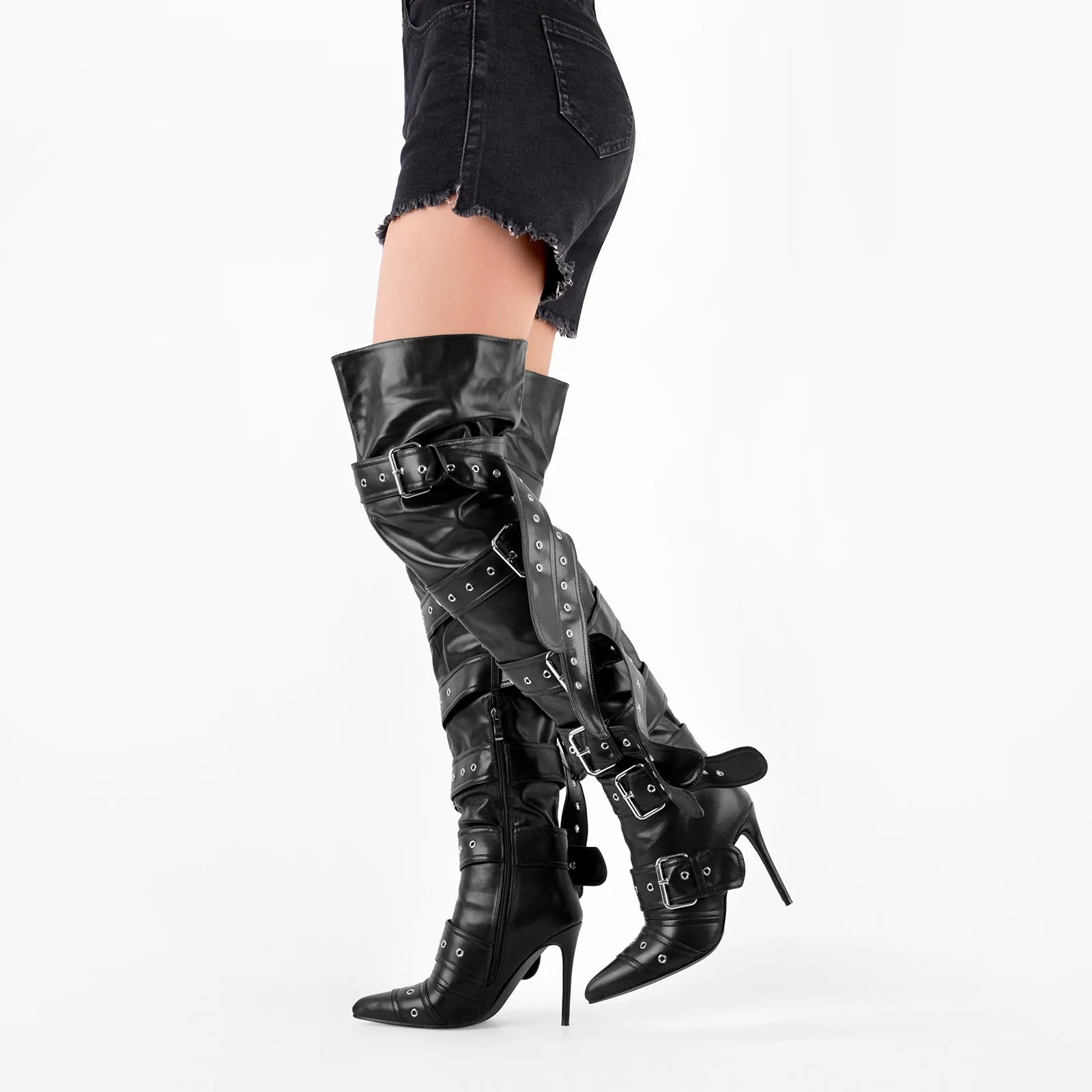 Pointed Toe Multi Buckle Strap Thigh High Boots
