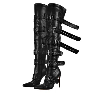 Pointed Toe Multi Buckle Strap Thigh High Boots