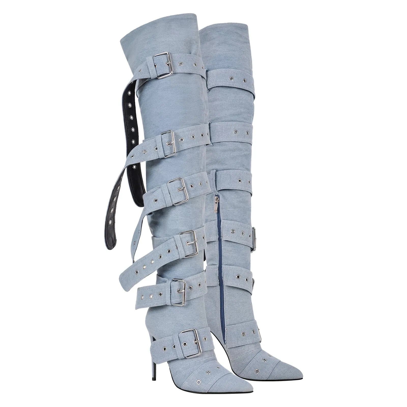 Pointed Toe Multi Buckle Strap Thigh High Boots