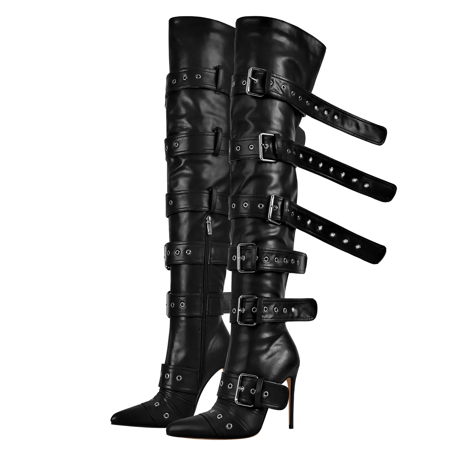 Pointed Toe Multi Buckle Strap Thigh High Boots