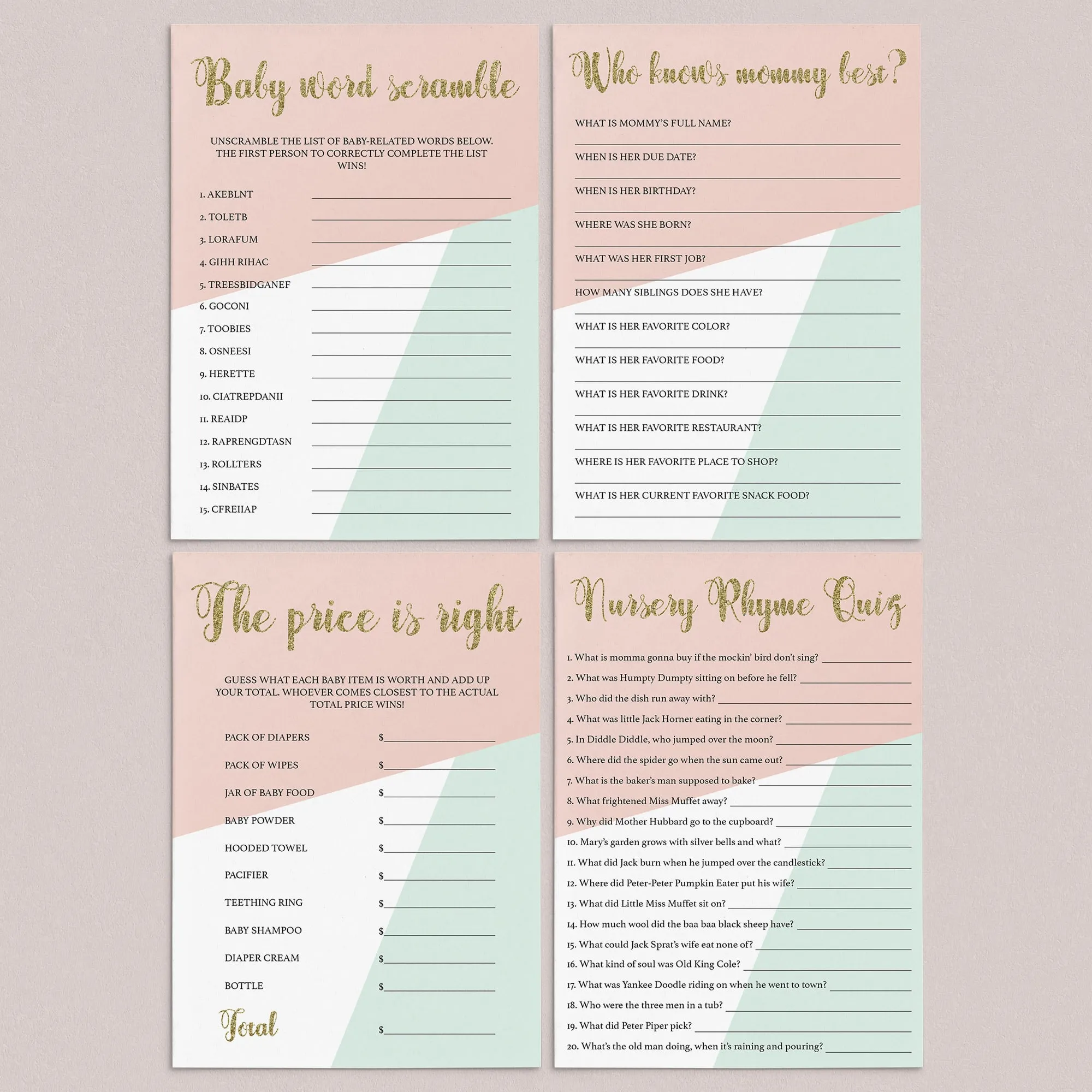 Printable Games for Pastel Baby Shower