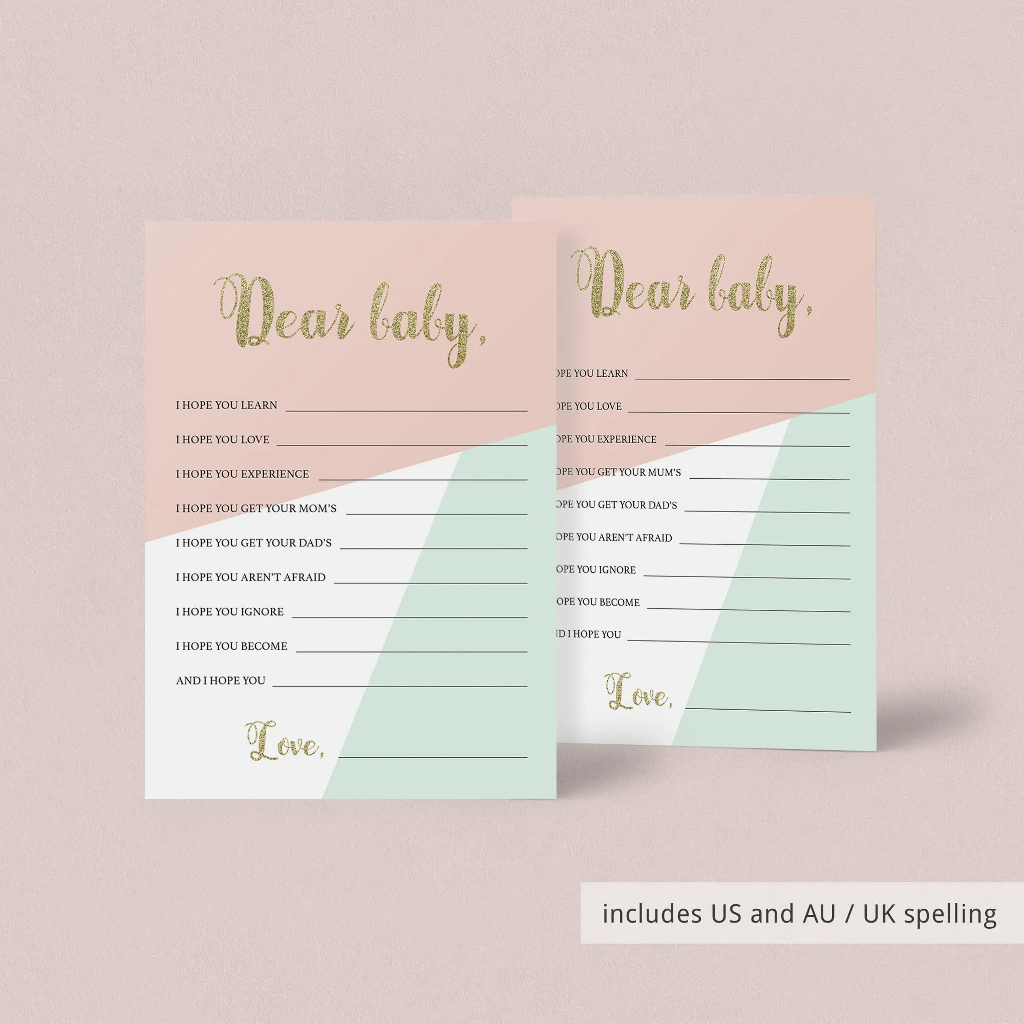Printable Pink and Mint Wishes for Baby Cards
