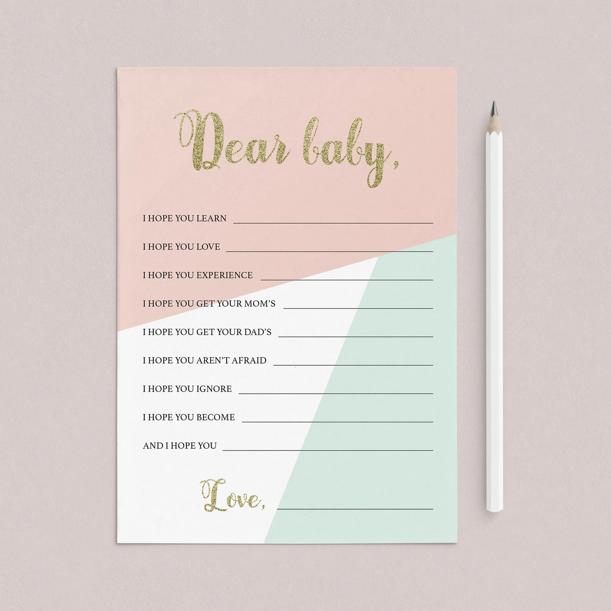 Printable Pink and Mint Wishes for Baby Cards