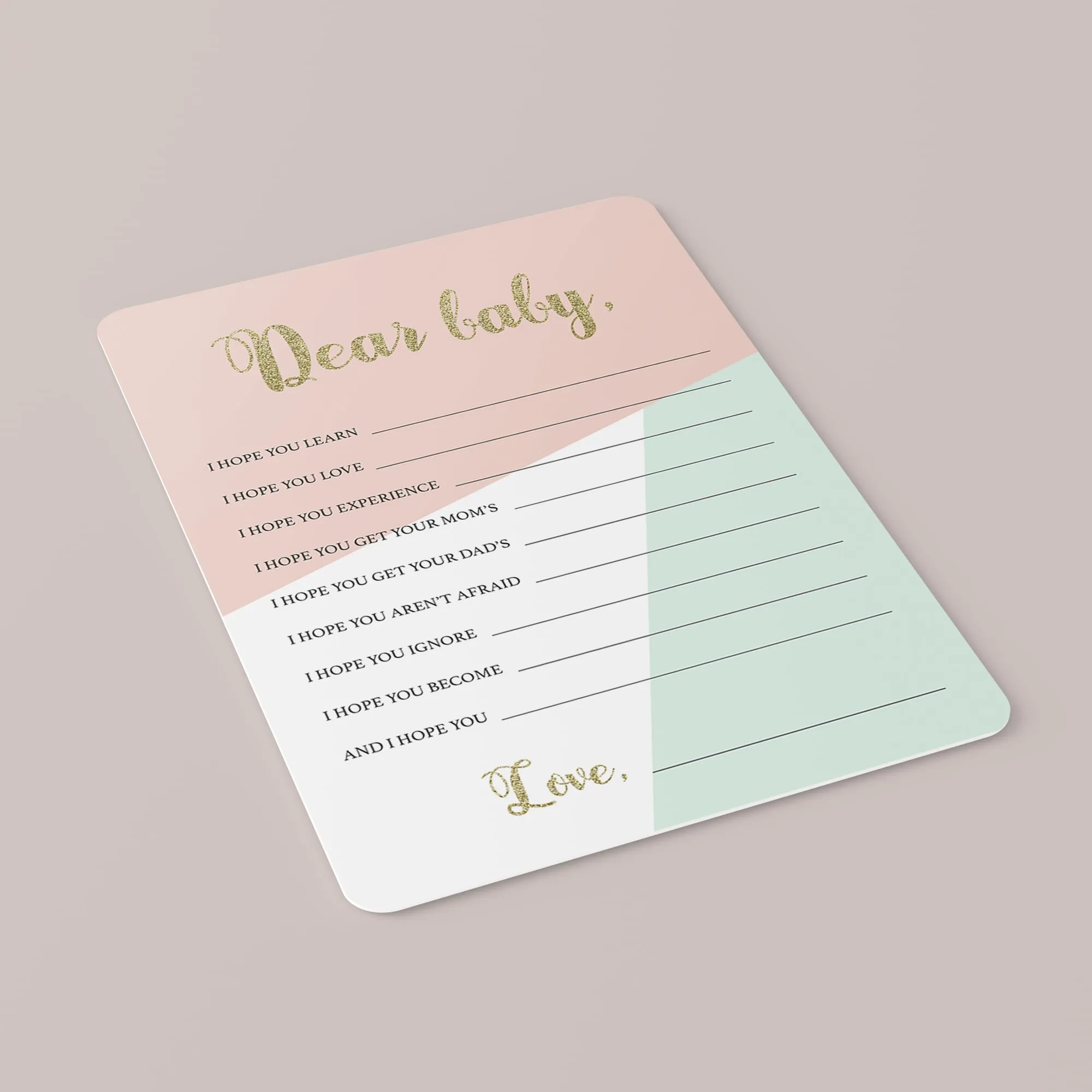Printable Pink and Mint Wishes for Baby Cards