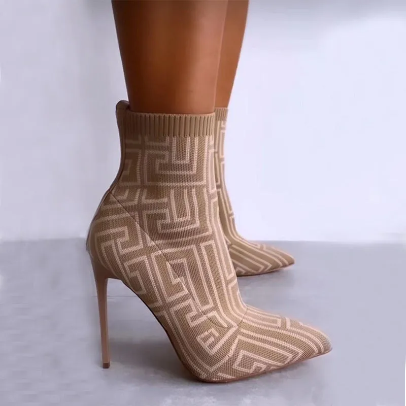 Printed Elastic High Heel Pointed Toe Ankle Boots