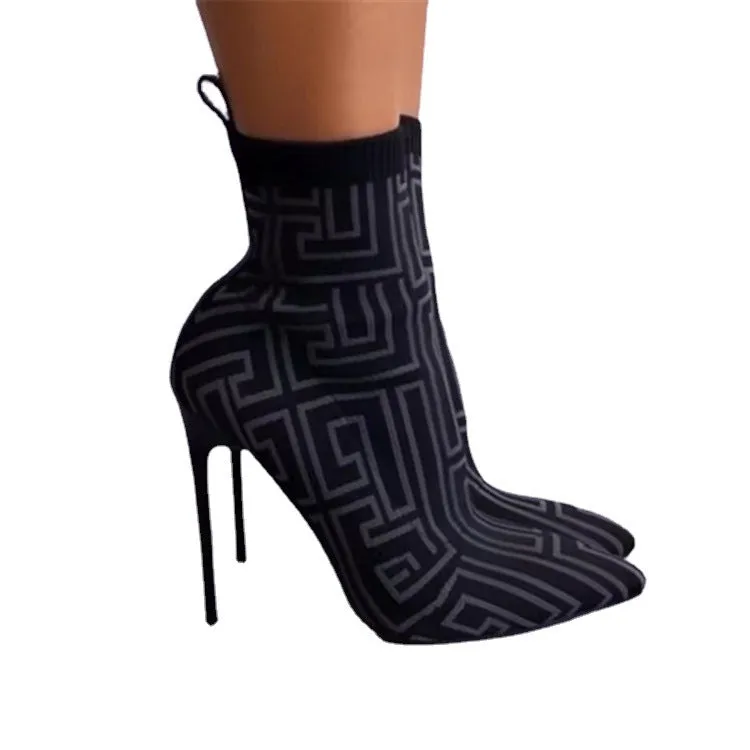 Printed Elastic High Heel Pointed Toe Ankle Boots
