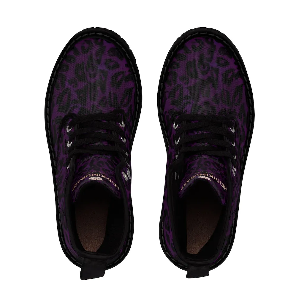 Purple Leopard Men's Boots, Best Animal Print Hiking Winter Boots Laced Up Shoes For Men