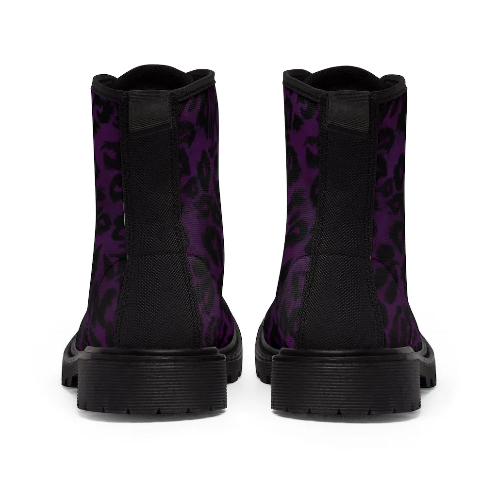 Purple Leopard Men's Boots, Best Animal Print Hiking Winter Boots Laced Up Shoes For Men