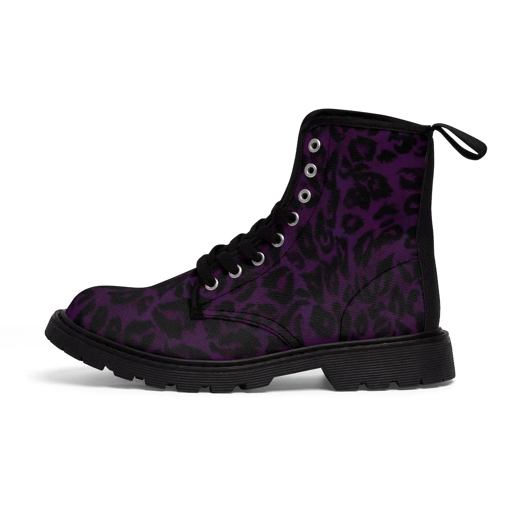 Purple Leopard Men's Boots, Best Animal Print Hiking Winter Boots Laced Up Shoes For Men