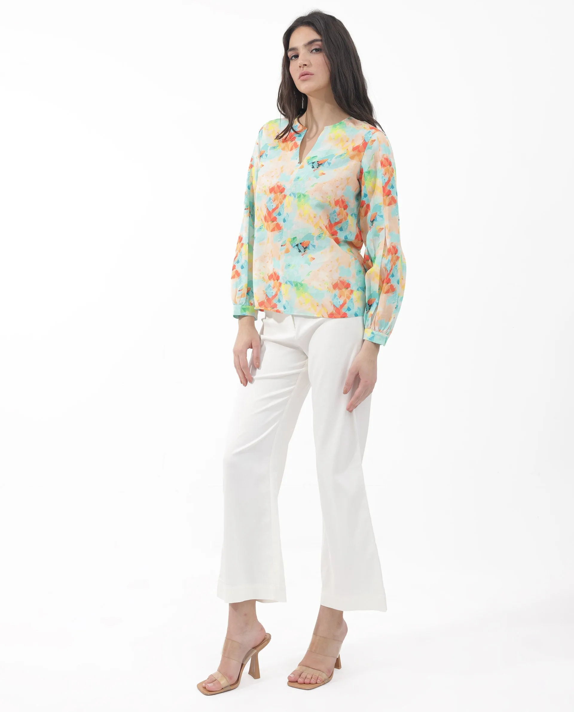 Rareism Women Deimos Flouroscent Multi Linen Fabric Full Sleeve V-Neck Button Closure Geometric Print Regular Fit Top