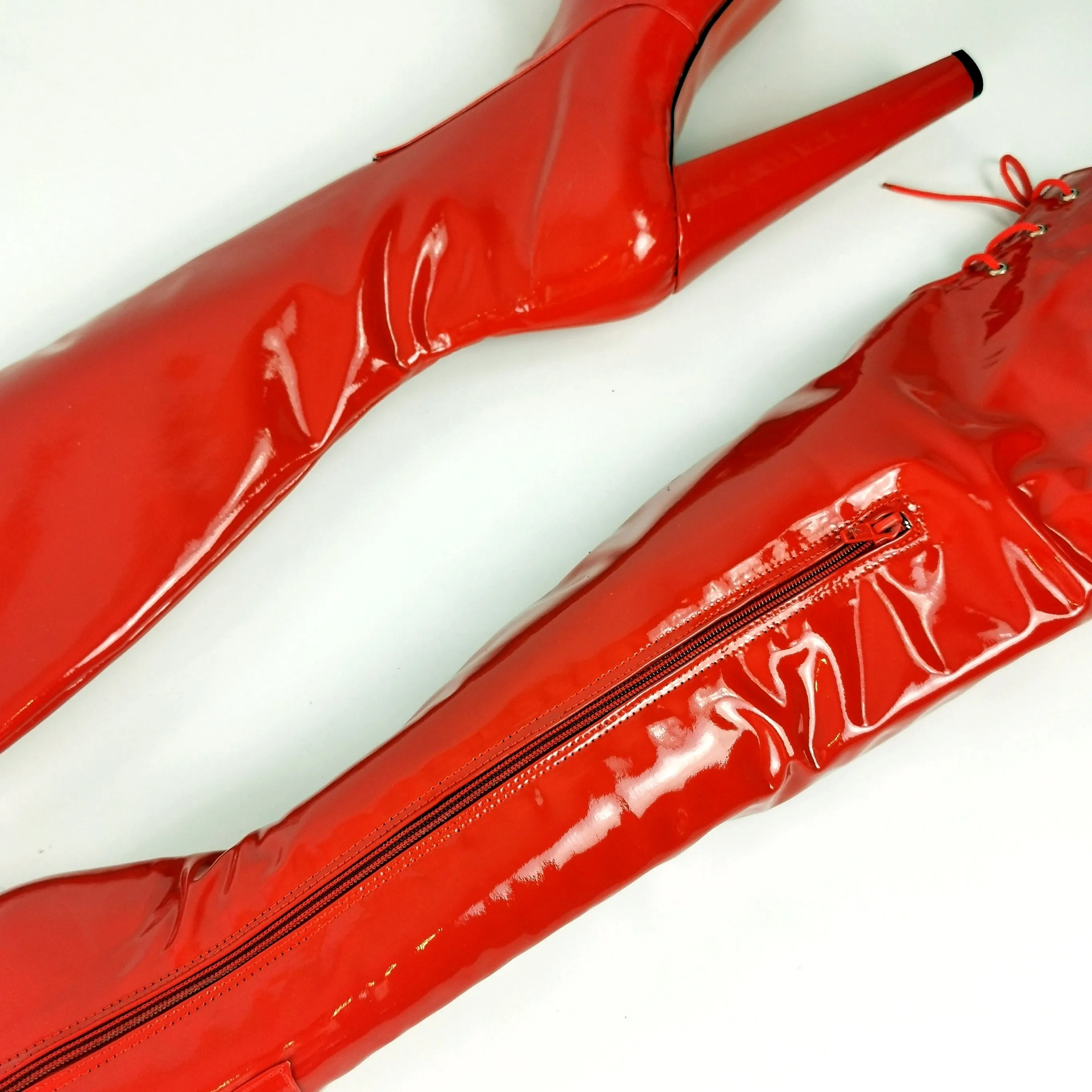 Red Gloss Thigh High Chunky Heel Boots