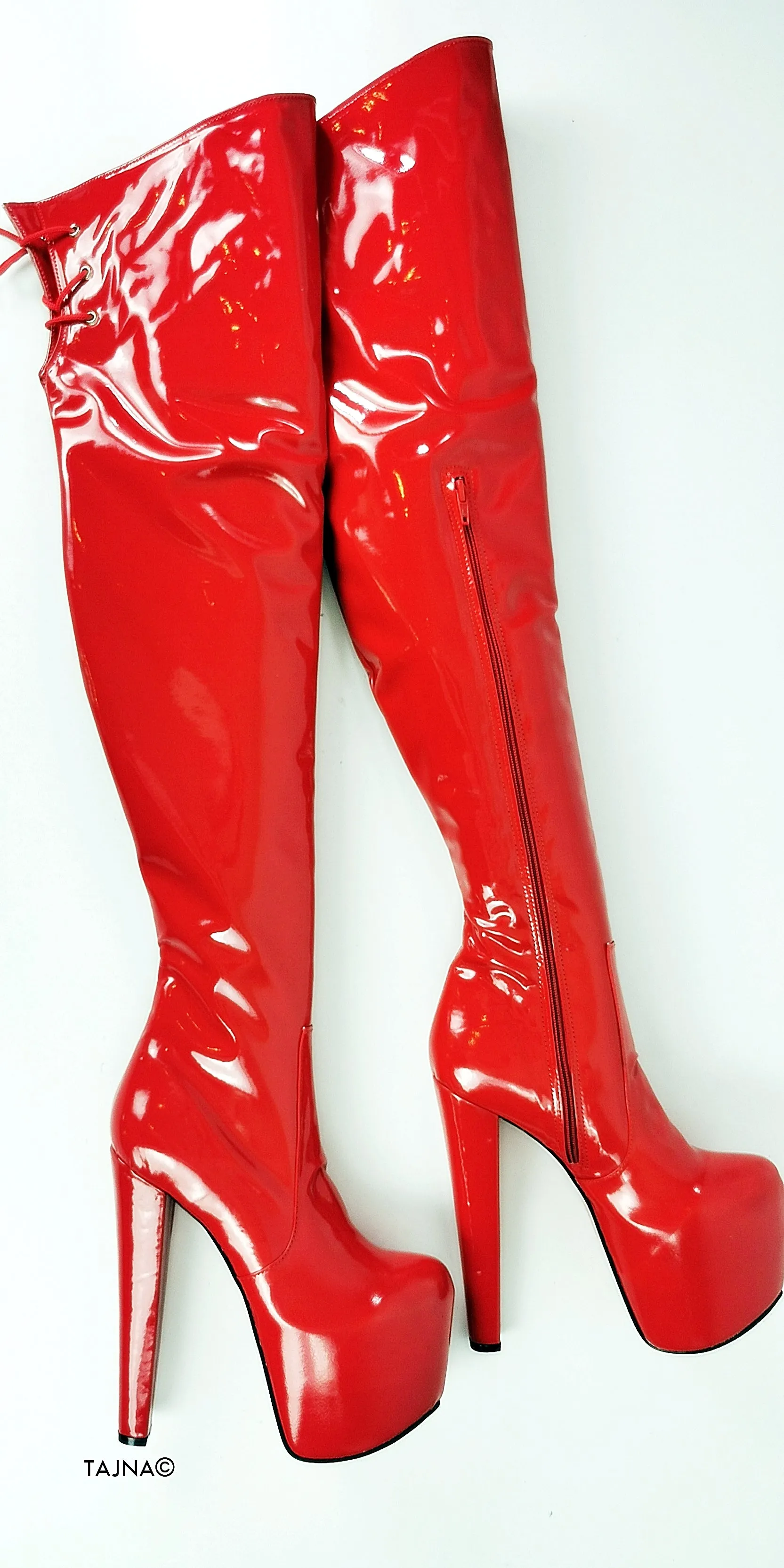 Red Gloss Thigh High Chunky Heel Boots