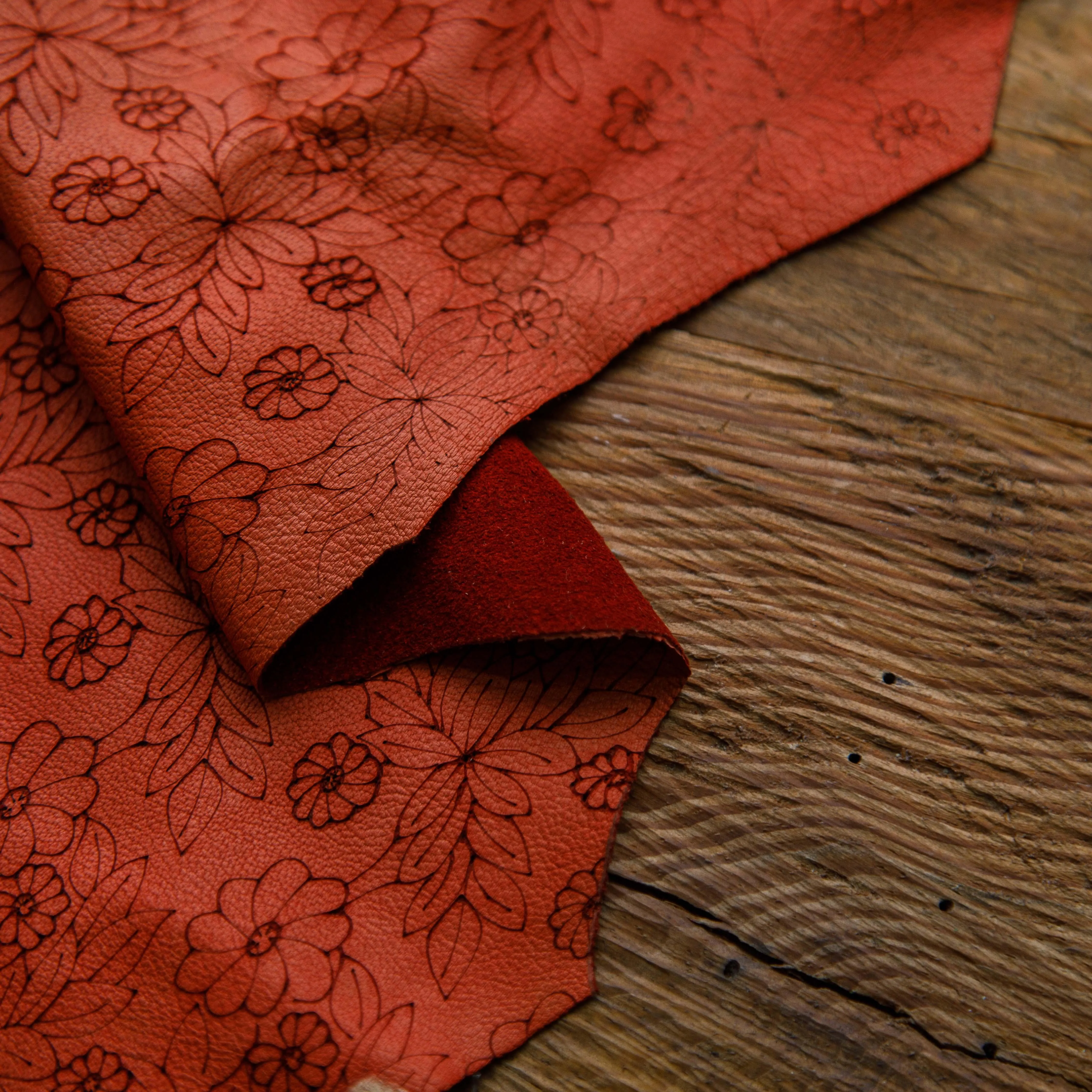 Red Multi Flowers Printed Cowhide Leather