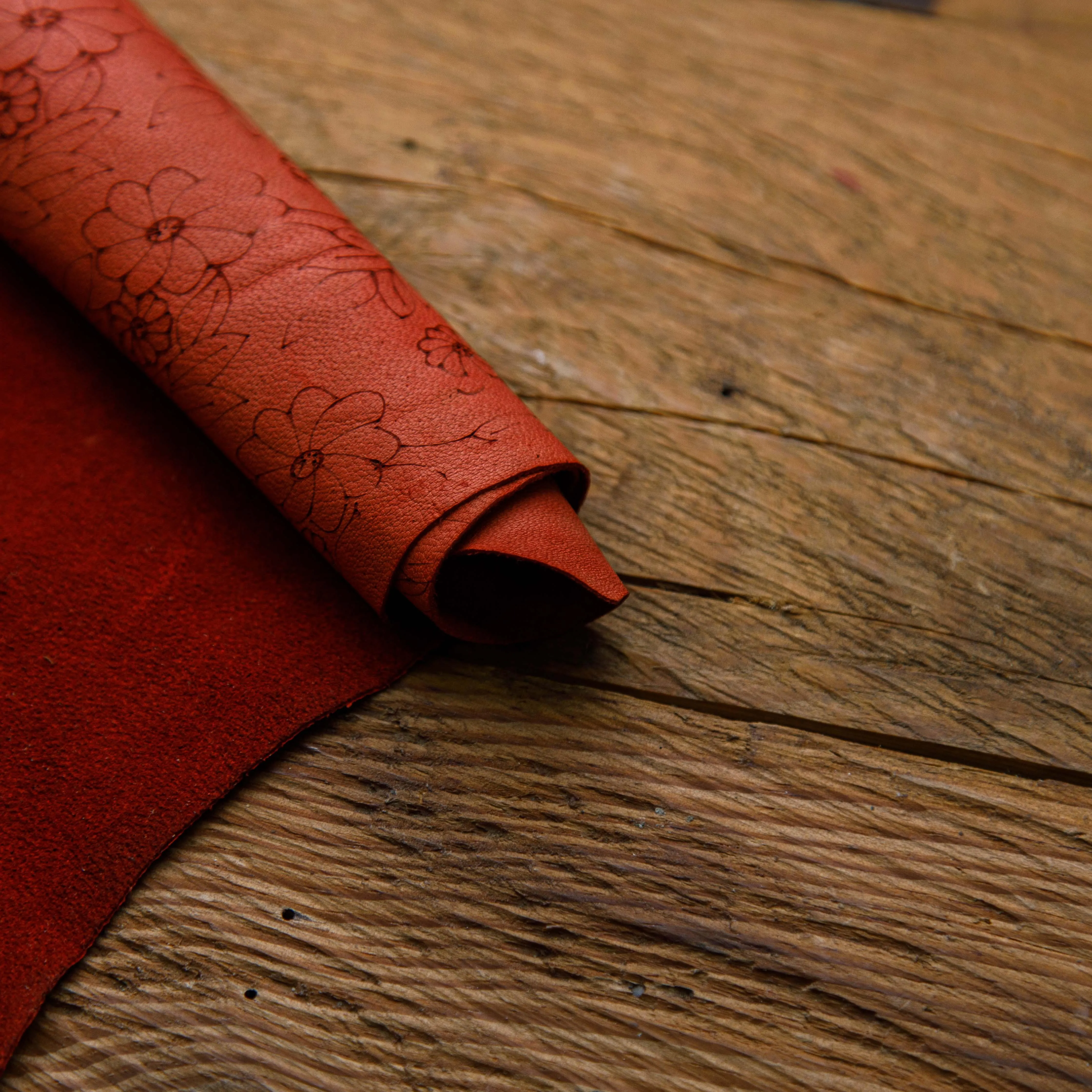 Red Multi Flowers Printed Cowhide Leather