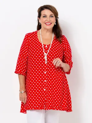 Red n White Spot Button Through Top