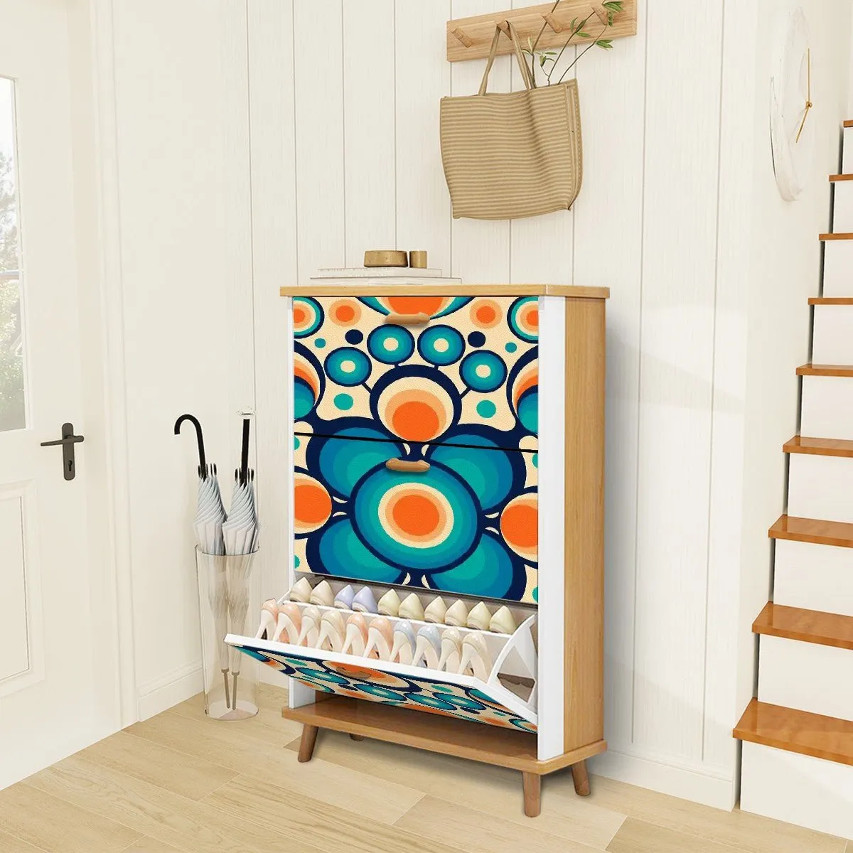 Retro Geometric Orb Shoe Cabinet, Mid Century Modern Entryway Storage, Bold Blue Orange MCM Organizer