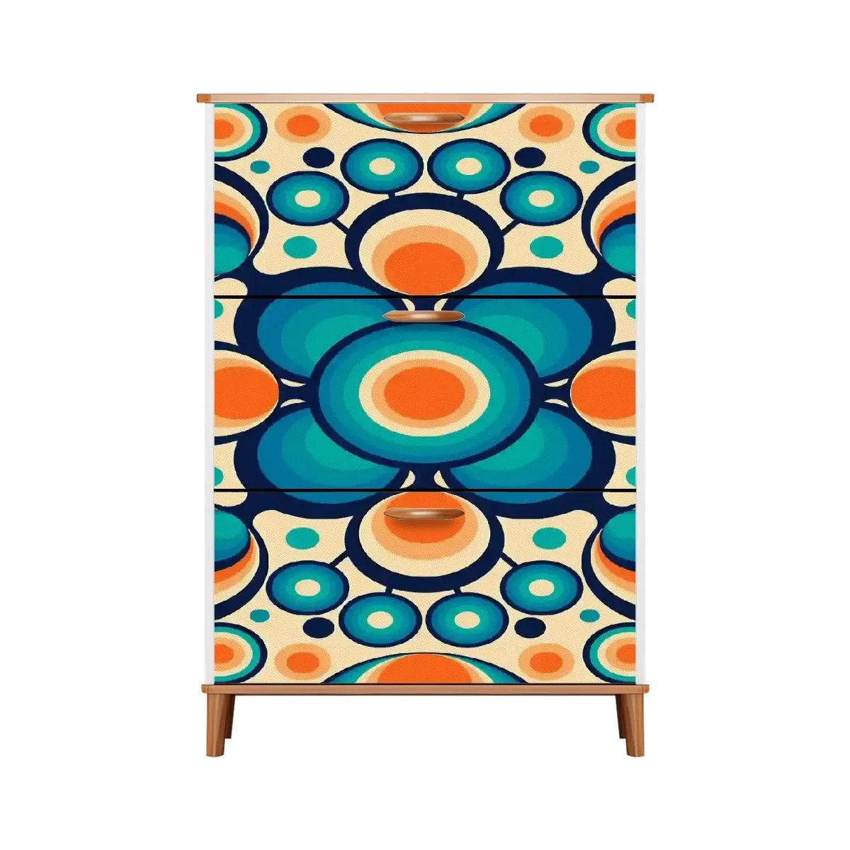 Retro Geometric Orb Shoe Cabinet, Mid Century Modern Entryway Storage, Bold Blue Orange MCM Organizer