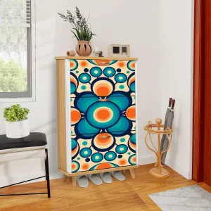 Retro Geometric Orb Shoe Cabinet, Mid Century Modern Entryway Storage, Bold Blue Orange MCM Organizer
