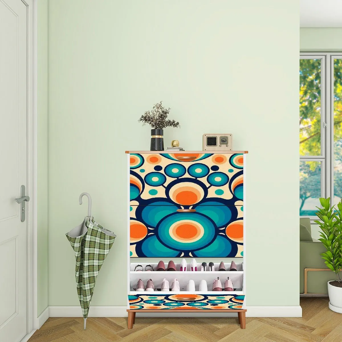 Retro Geometric Orb Shoe Cabinet, Mid Century Modern Entryway Storage, Bold Blue Orange MCM Organizer