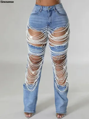 Ripped Denim Pants, Pearl Rhinestones Chain Distressed Skinny Jeans for Women