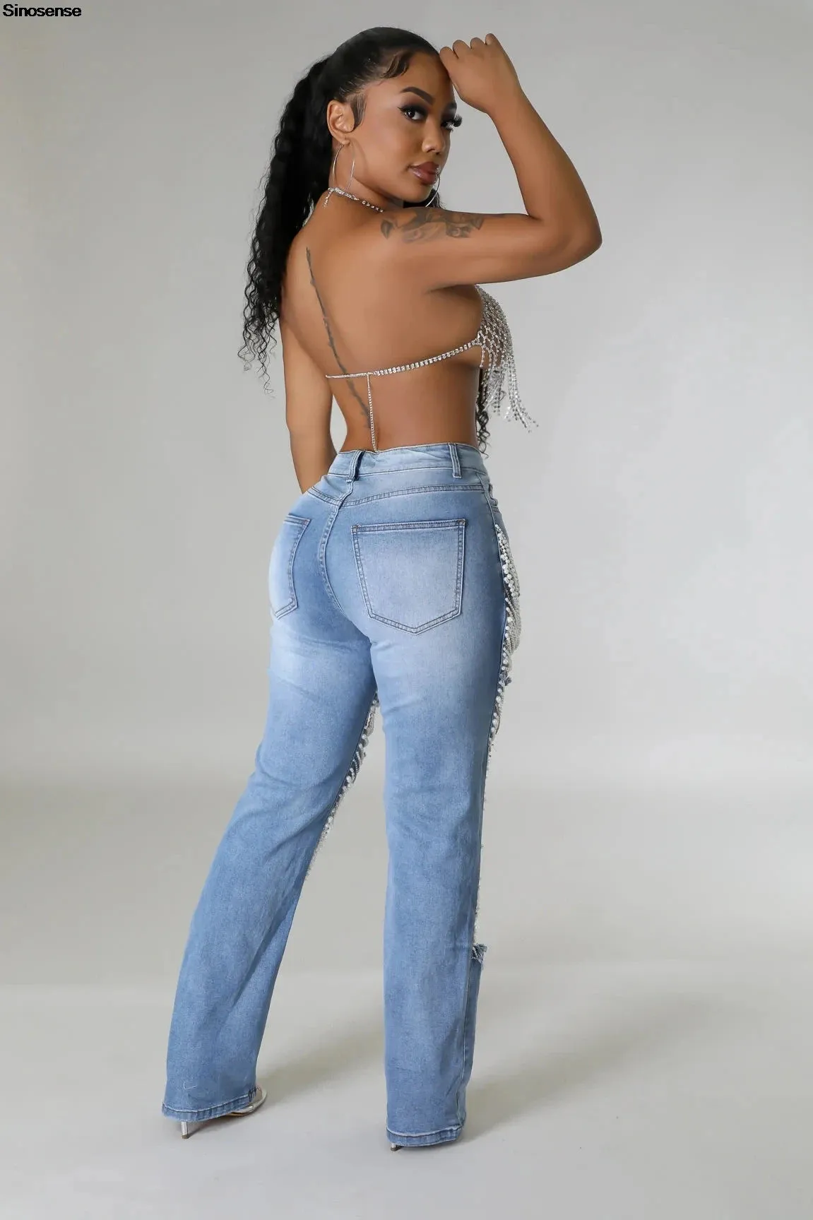 Ripped Denim Pants, Pearl Rhinestones Chain Distressed Skinny Jeans for Women