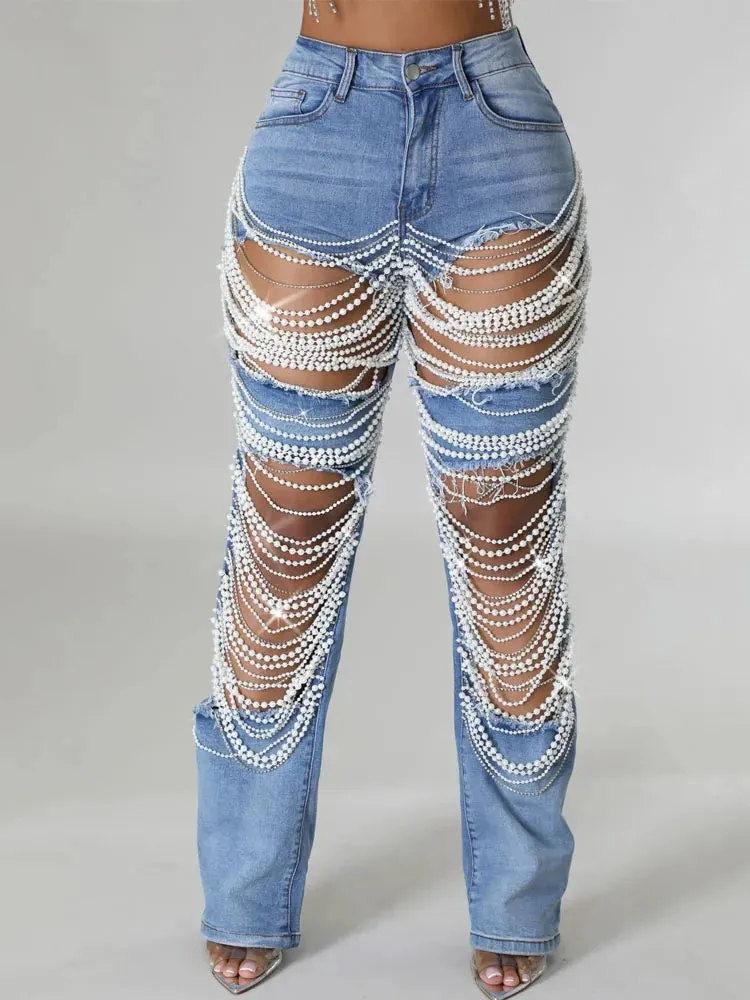 Ripped Denim Pants, Pearl Rhinestones Chain Distressed Skinny Jeans for Women