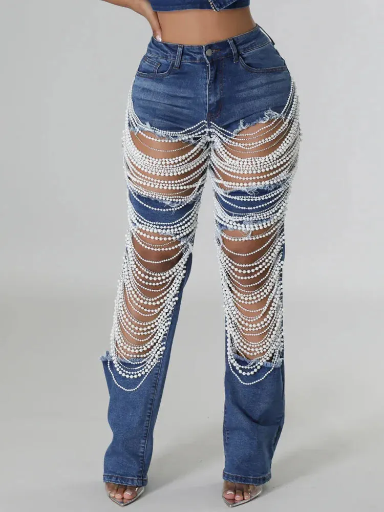 Ripped Denim Pants, Pearl Rhinestones Chain Distressed Skinny Jeans for Women