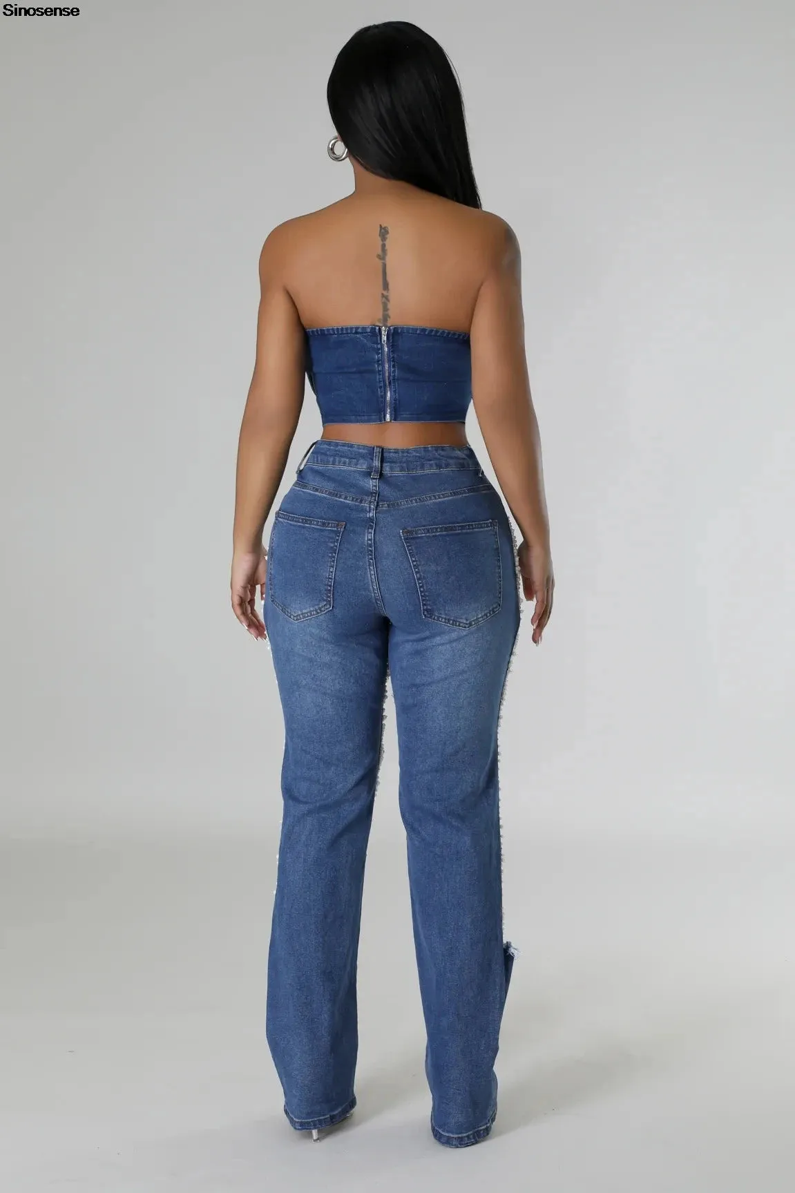 Ripped Denim Pants, Pearl Rhinestones Chain Distressed Skinny Jeans for Women