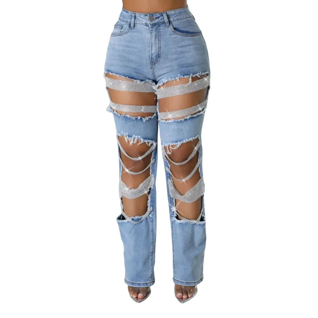 Ripped Denim Pants, Pearl Rhinestones Chain Distressed Skinny Jeans for Women